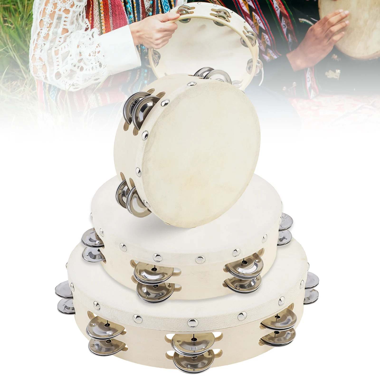 6 / 8 / 10 inch Double Row Jingles Tambourine Handbell Hand Drum for Dance / Church / Party / KTV, Wood Sheepskin Tambourine
