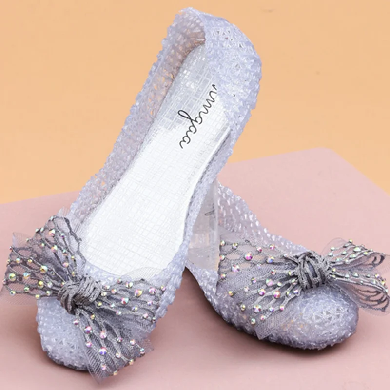 Women Jelly Flats Round Toe Butterfly-knot Dazzling Slip-On Soft Bottom Sweet Breathable Cut-Outs Chaussures In White Pink 35-41