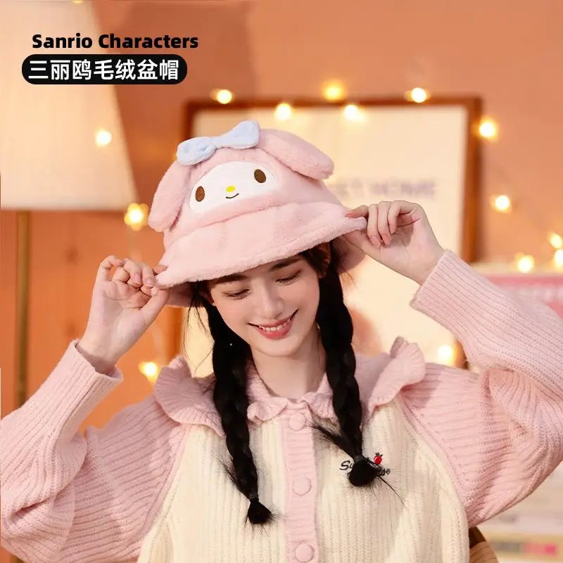 

Sanrio new Kuromi My melody Pochacco Cinnamoroll cute and sweet winter warm and versatile plush girl trendy fisherman hat