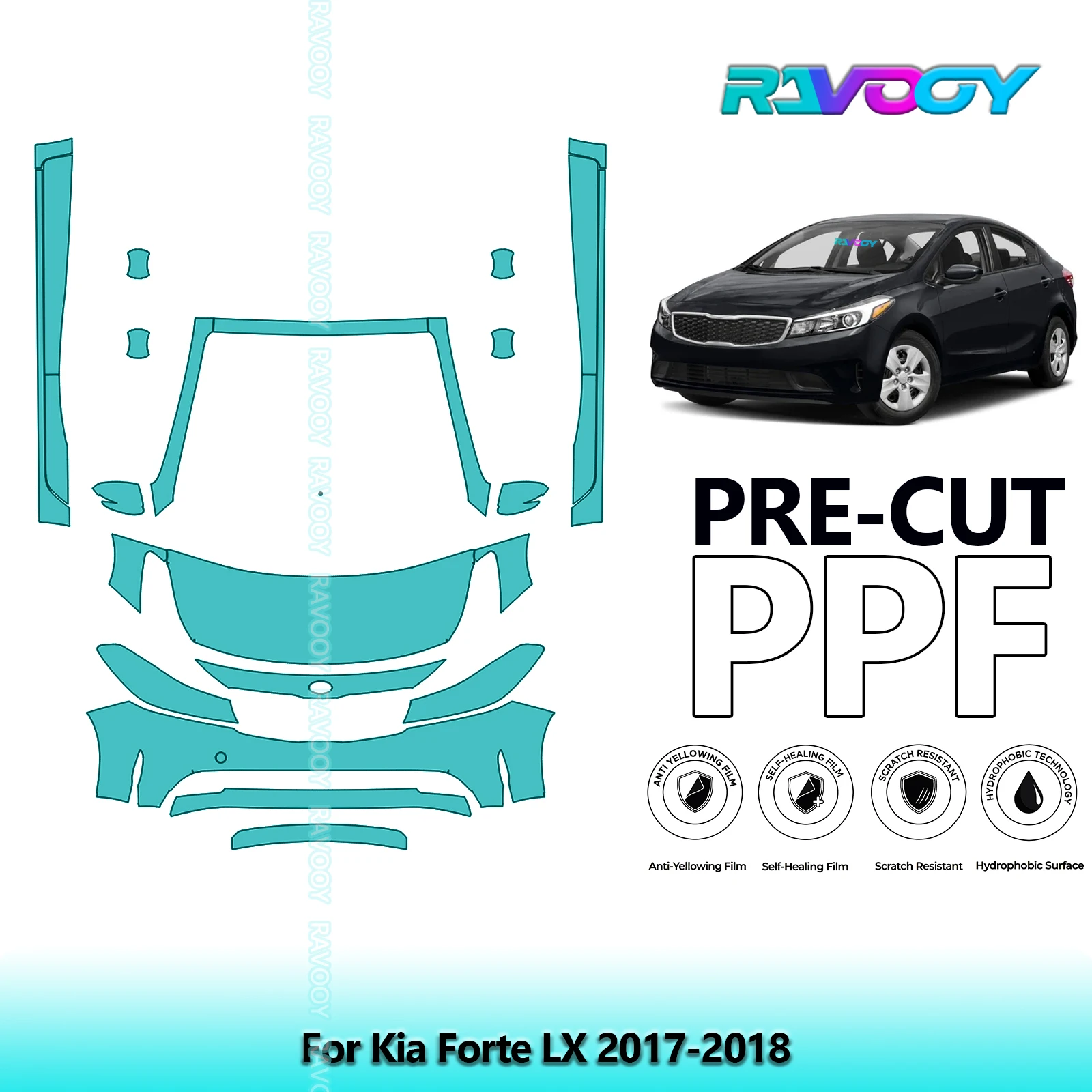 RAVOOY 8.5Mil Custom-Fit Precut TPU PPF Front Kit+Rockers Clear Bra Stone Guard EU UK For Kia Forte LX 2017-2018