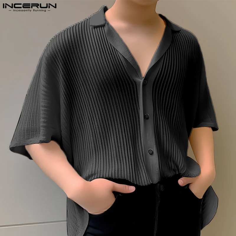 

INCERUN Men Shirt Lapel Short Sleeve Button Streetwear Casual Men Clothing Summer Korean Style 2024 Striped Solid Shirts S-5XL