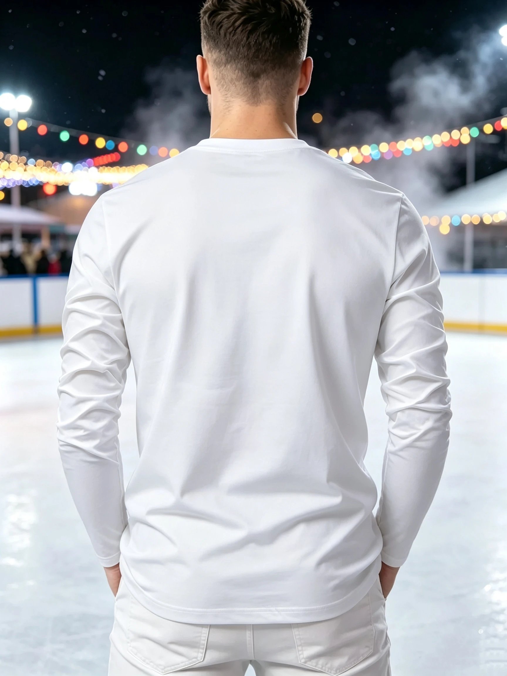 Men's White Crew Neck Long Sleeve Slim Fit T-Shirt, Spring/Autumn Solid Color Basic Stretchy Breathable Casual Top