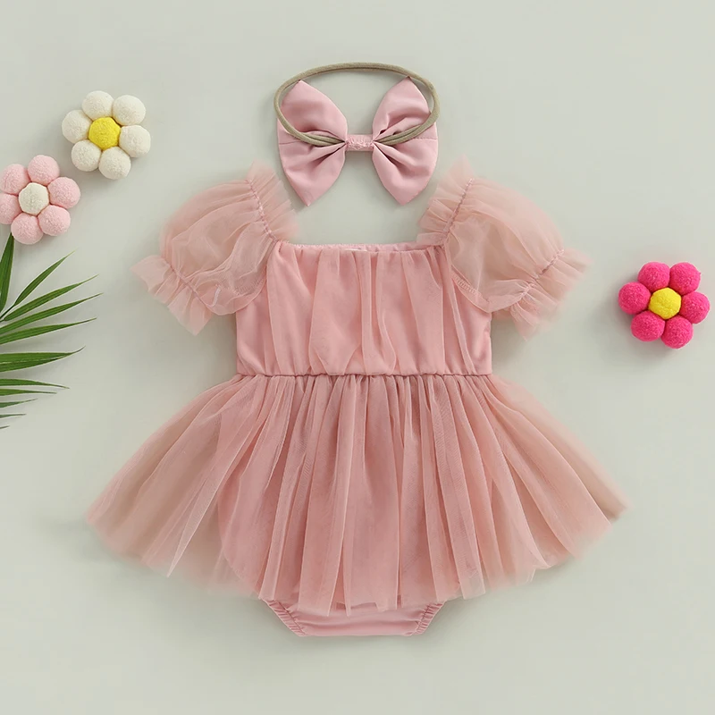 0-24M Infant Baby Girl Romper Dress Solid Color Short Sleeve Front Bowknot Tulle Jumpsuit Headband Baby Girl Summer Clothes