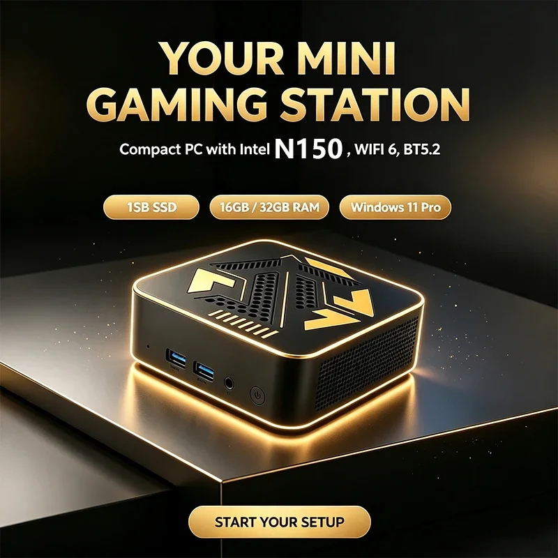 Intel Core N150 Mini PC 16GB RAM 2TB SSD Dual HDMI 4K Gigabit WiFi6 BT5.2 Windows 11 RGB Portable Gaming Desktop Computer