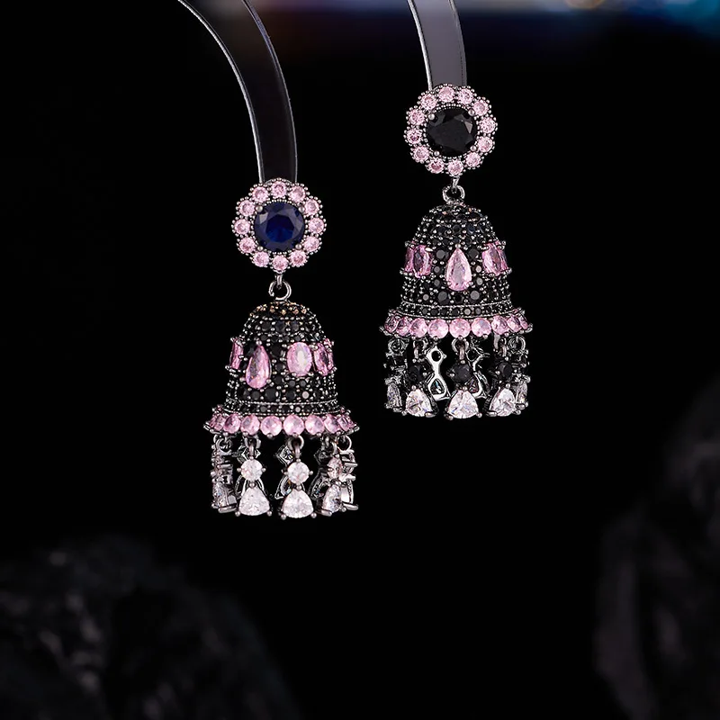 European and American Heavy Craft Luxury Micro Inlaid Zircon Wind Chime Earrings S925 Silver Needle High-end Ethnic Style Exquis