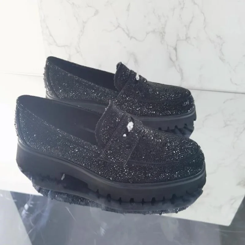 Black Rhinestone Loafers Men Suede Shoes Thick Soles Platform Shoes Leather Dress Shoes Handmade Men\'s Party And Wedding Shoes