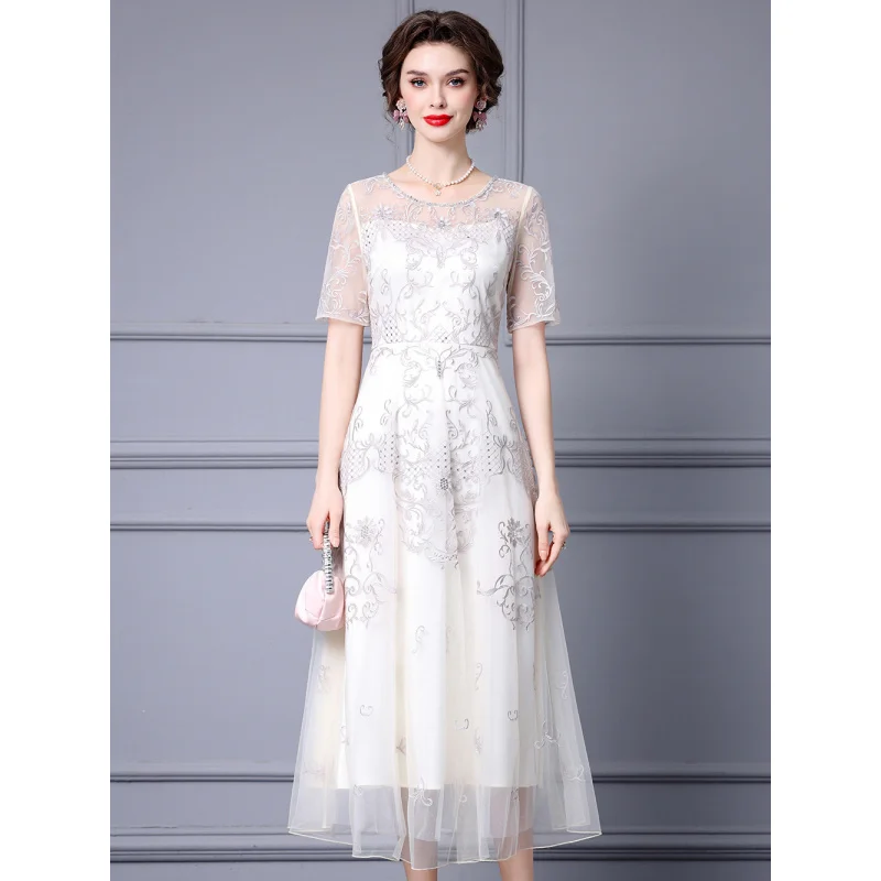 

French Entry Lux Temperament Dress Machine Embroidery Mesh Stitching High Waist Big Swing Dress2024Summer Style