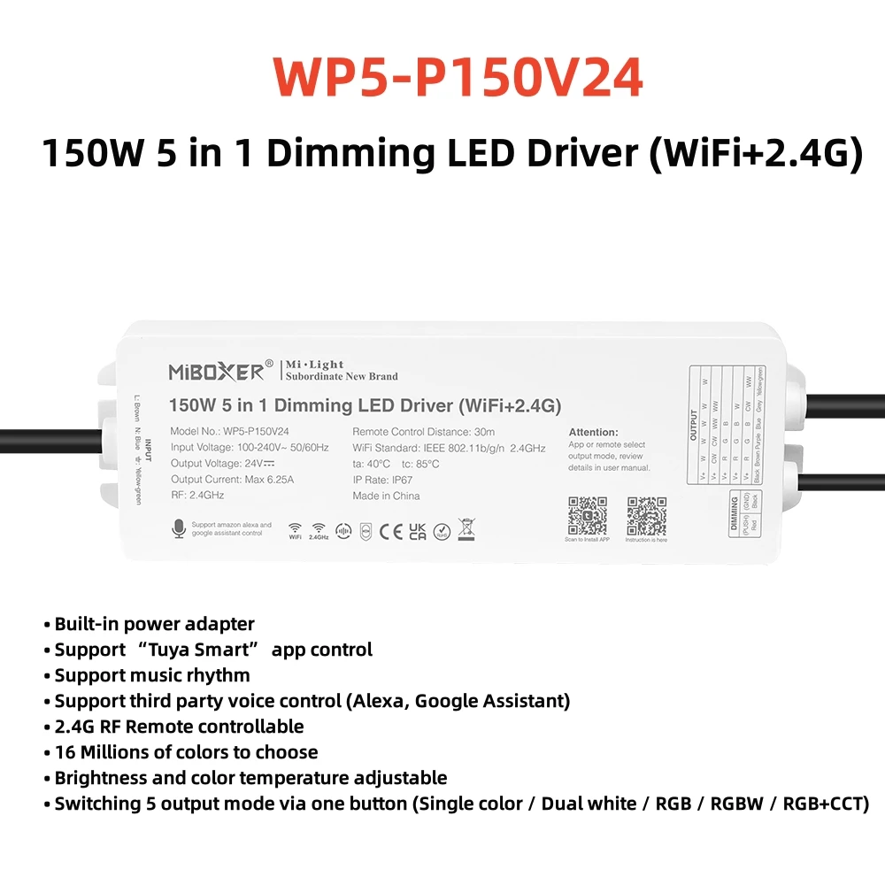 Miboxer AC100V-240V a 24V 150W 2.4G WiFi 5 in 1 dimmer LED Driver Controller singolo colore/CCT/RGB/RGBW/RGB + CCT Led Strip Light