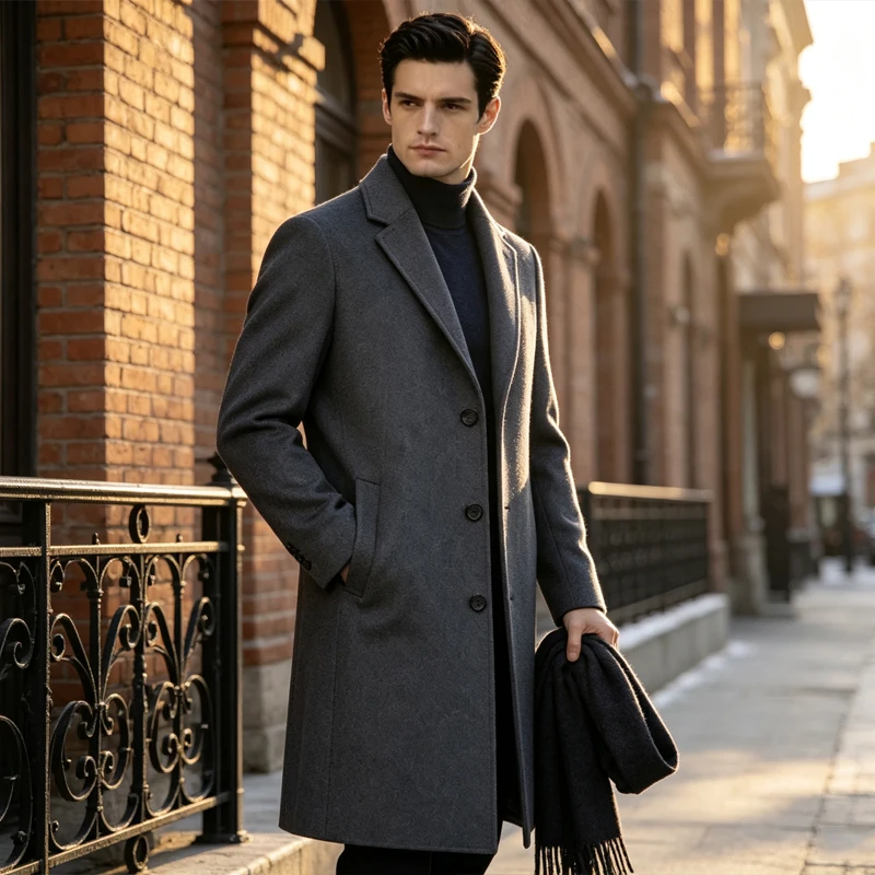 Luxuriöser Herren-Wollmischmantel mit Reverskragen, schmaler Passform, 3-Knopf-Anzugjacke, Business-Casual, Herbst-Winter-Blazer für Männer