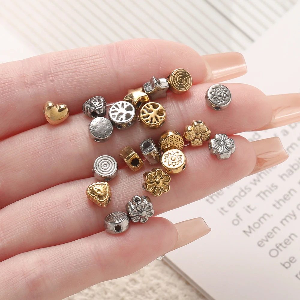10Pcs/Pack Stainless Steel Various Shape Gold Steel Color Texture Spacer Beads for DIY Bracelet Jewelry Making Accessories image 5