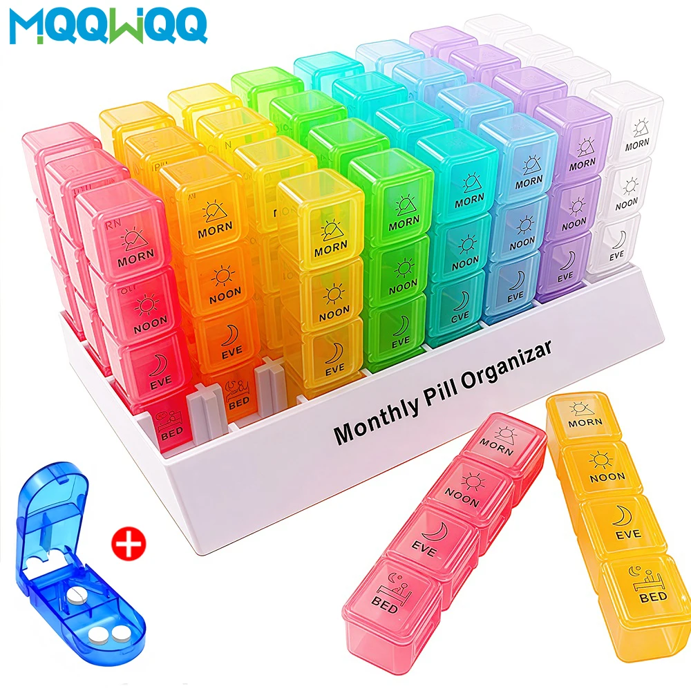 1Set Large 32 Daily Pill Box,Month Pill Organizer with Pill Cutter, 4 Times-a-Day Morning-Noon-Evening-Night Medicine Case