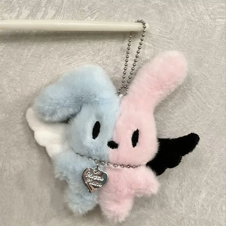 Adorable Patchwork Plush Angel Rabbit Keychain Winged Bunny Doll Pendant Women Bag Charm Heart Tag Chain Girls Cute Gift Decor