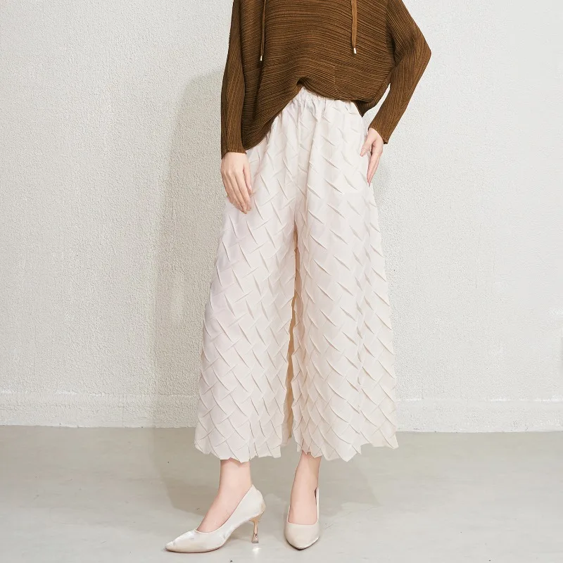 مياكي 2026 ربيع جديد النساء السراويل تنوعا مرونة الخصر مربع مطوي تسع دقائق واسعة الساق السراويل حجم كبير تمتد الملابس