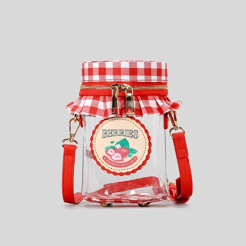 Adult's Creative Cute Cartoon Handbag Unique PU Bottle Shape Crossbody Bag Halloween Strawberry Jam Plaid Pleated Bucket Bag