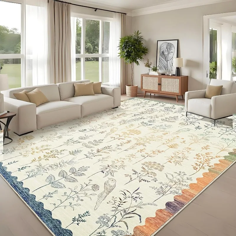

Nordic Style Living Room Carpet Pastoral Flower Bird Print Bedroom Rug Fashionable Machine Washable Non-slip Coffee Table Mat 러그