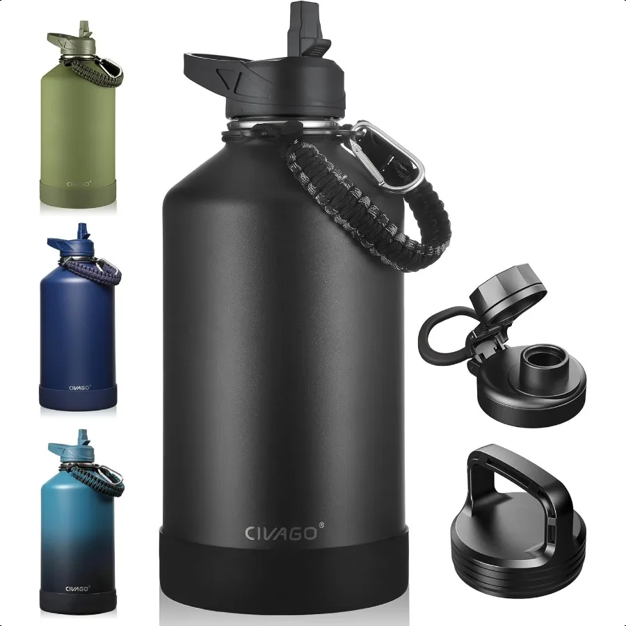 

Gallon Insulated Water Bottle Jug with Straw 128 oz Large Stainl Steel Water Flask Big Metal Thermal Mug with 3 Lids for Sports