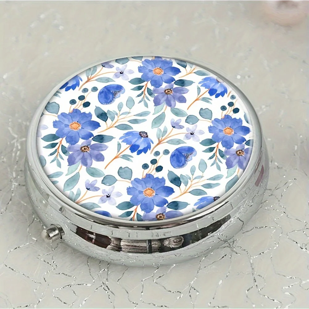 Blue Floral Three-Compartment Pill Box - Portable Medicine and Vitamin Storage Box, Polypropylene Design, Suitable for Travel or On-The-Go, Stylish and Practical