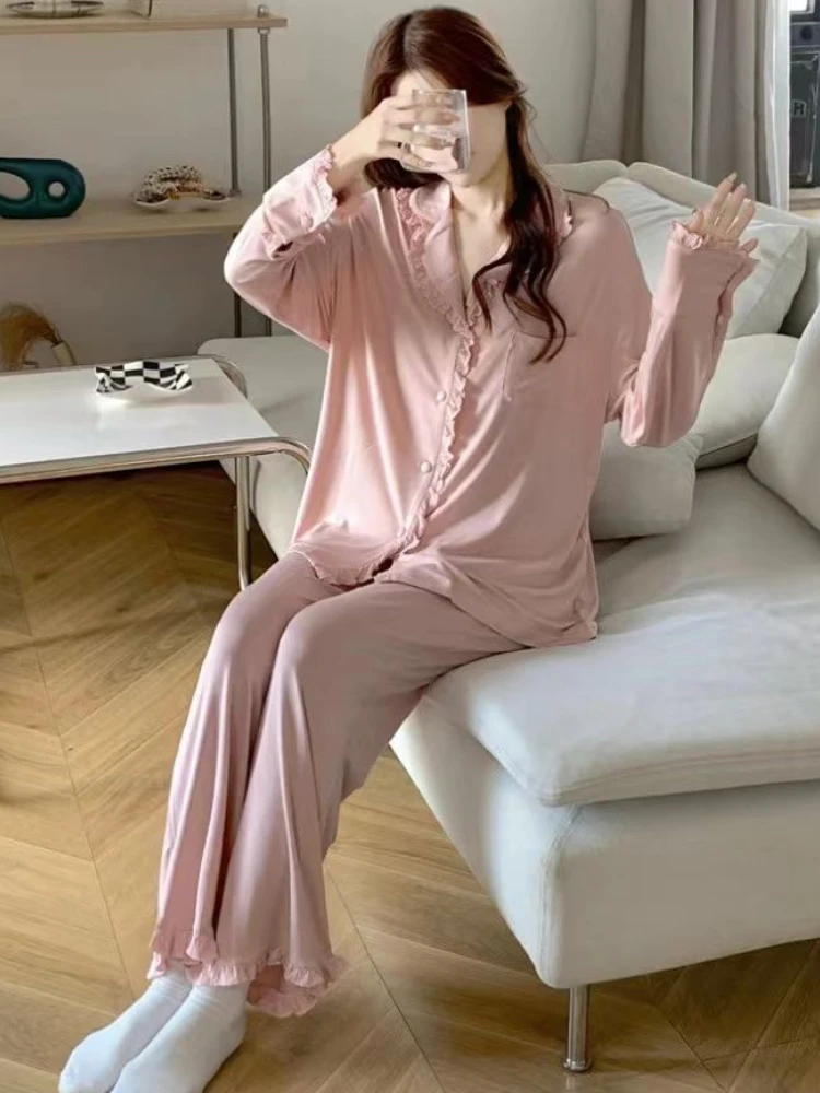 Pajama Sets Women Sweet Simple Sleepwear Casual Loose Ruffles Design Korean Style Soft Students Home Fashion Spring Elegant Cozy