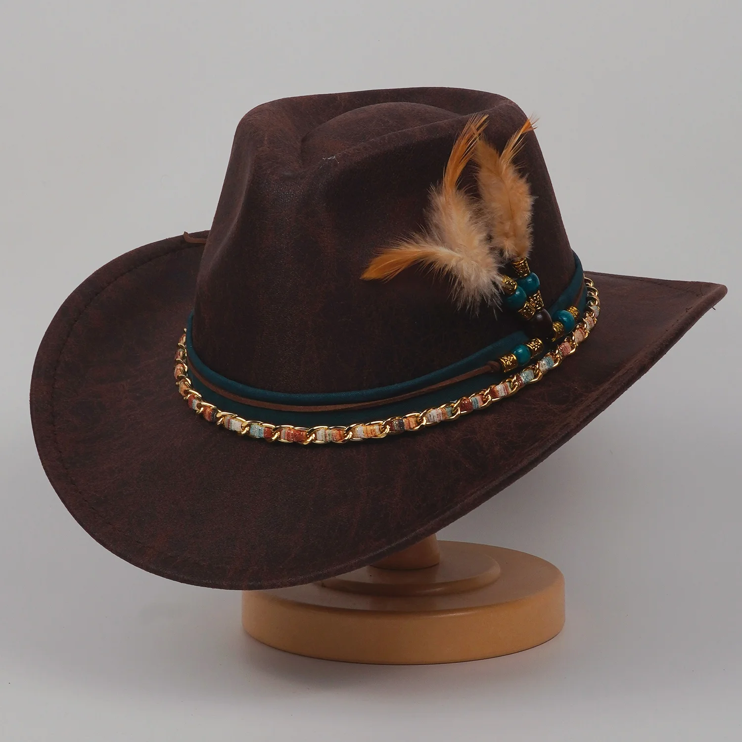 Men Cowgirl Ethnic Style Style Feather Roll Style Up-Wide Wide Hat-Ethnic-Style Top Rated Women Men Cowgirl