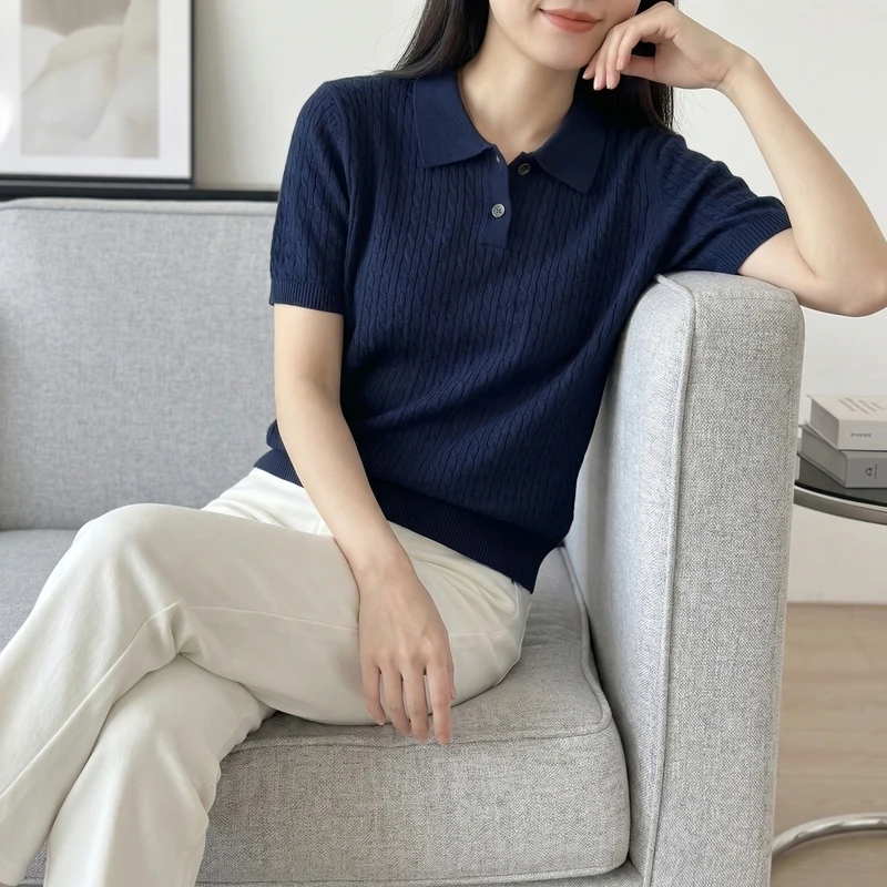 Summer 100% pure cotton women's T-shirt casual solid color knitted pullover short sleeved loose POLO collar Tees Pull vest Tops