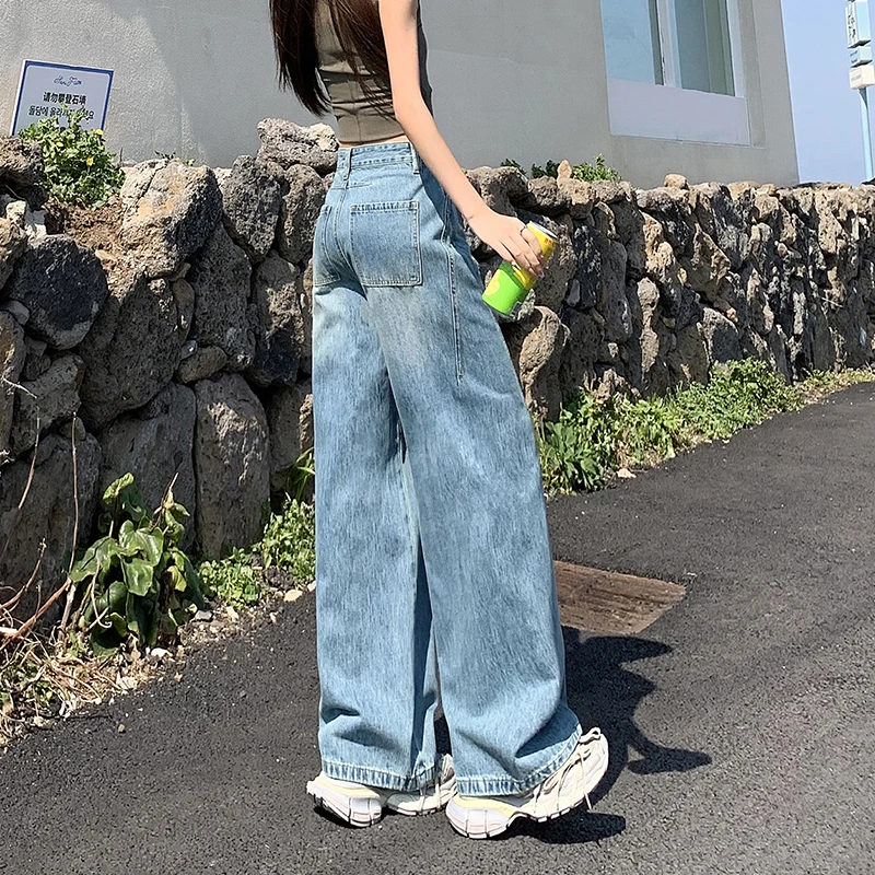 Vaqueros Vintage de pierna ancha y cintura alta para mujer, pantalones vaqueros informales holgados Retro, ropa de calle Y2K a la moda