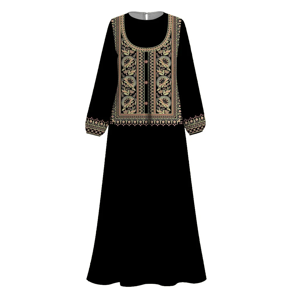 Elegance Femme Islamic Abaya Muslim Dress National style Print Abaya 2024 Dubai Turkey O-neck Long sleeve Abaya Islamic Dress