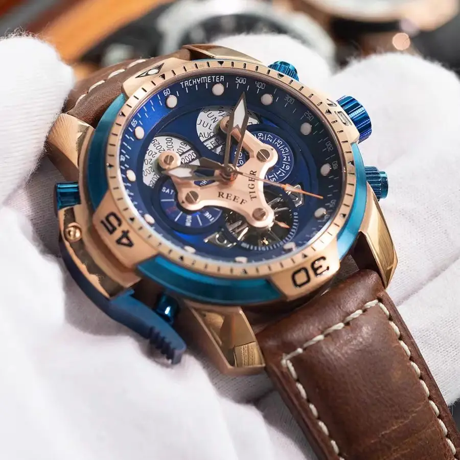 Reef Tiger Men Automatic Watch 46mm Mechanical Wristwatch Perpetual Calendar Multi-Dial Year Month Week Date Sapphire Mirror