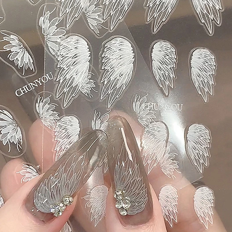 Angel Wings Nail Art Sticker Fairy Wings White Butterfly Wings 3D Embossed Adhesive Nail Stickers Accessories Manicure Salon DIY