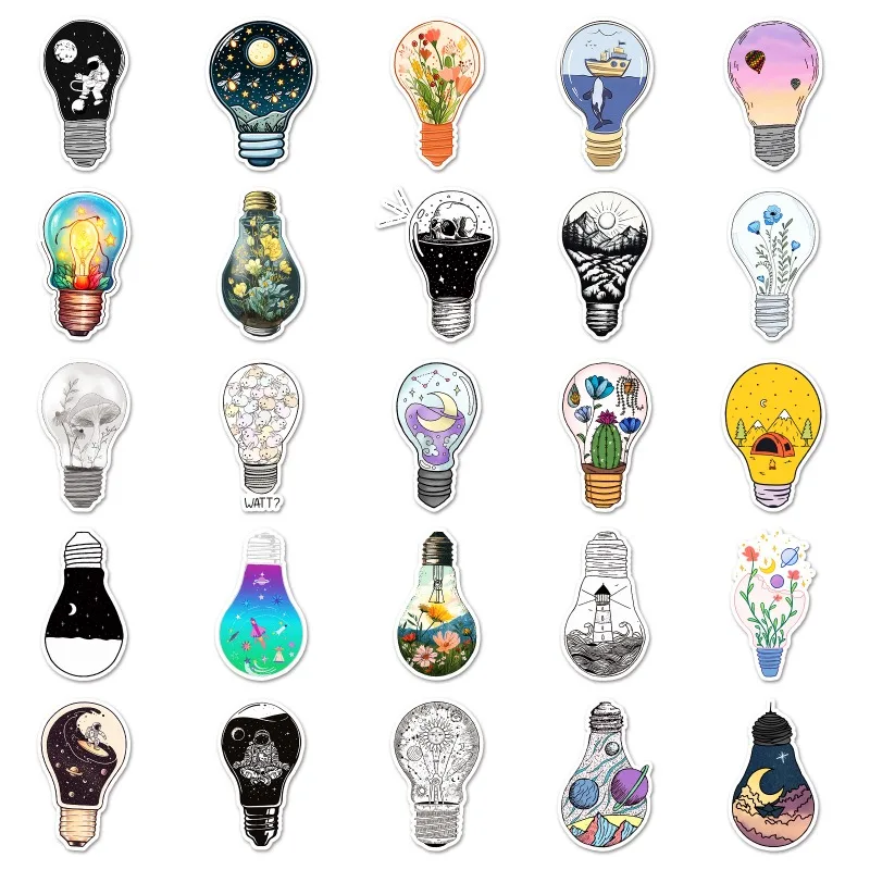 50 Uds. De bombillas de dibujos animados para cuaderno, maleta, taza para monopatín, decoración creativa hecha a mano para niños, pegatinas impermeables