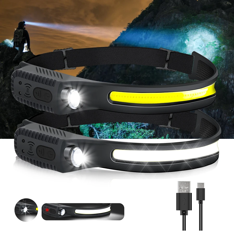 

COB LED Sensor Headlamp USB Rechargeable Headlight with Built-in Battery 5 Lighting Modes Torch Flashlight for Outdoor Fishing