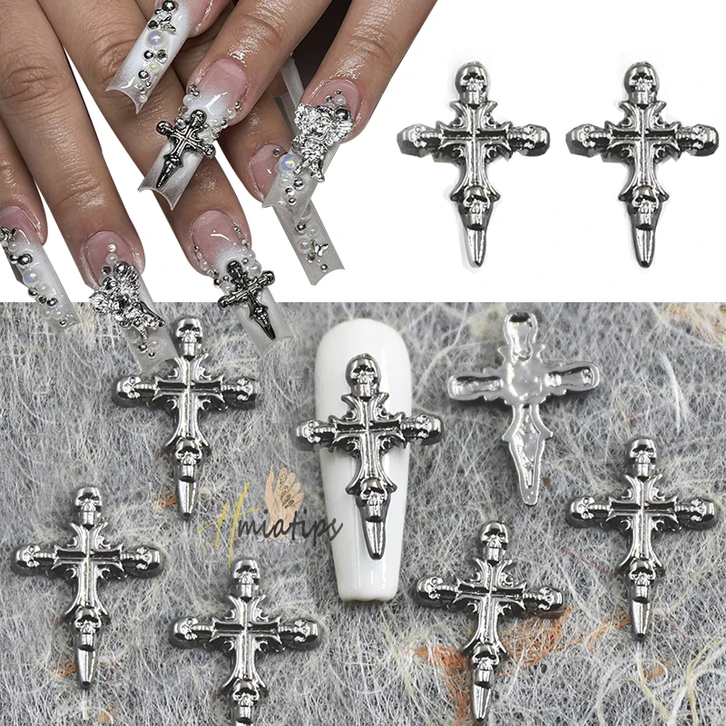 10Pcs 3D Nail Art Charms Punk Silver Retro Cross Luxury Metal Gothic Design Manicure Tips Rhinestones Decoration