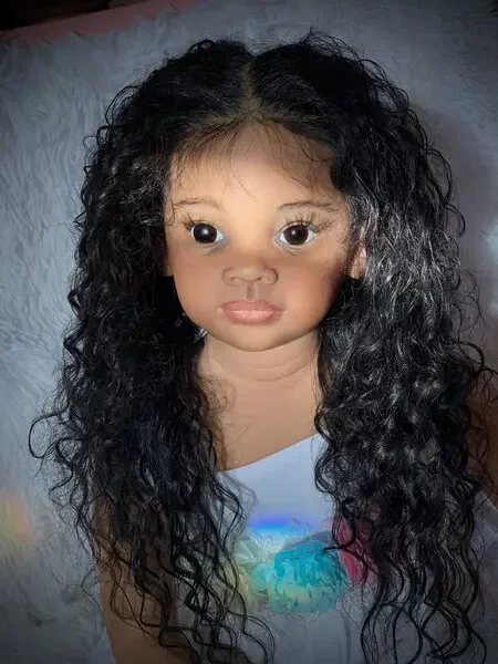 

EGO Customized Limited Supply 28inch Reborn Baby Meili Hand-Rooted Curly Black Long Hair Drak Skin Already Finihsed Doll