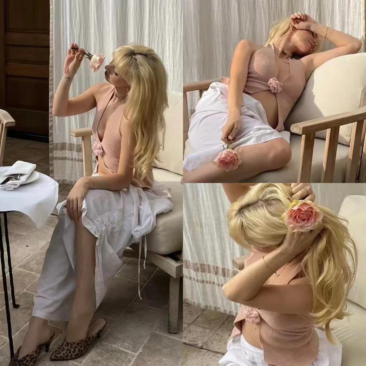 

With Rose Flower Sexy Tank Top Summer Women's Camisole Knitted Top Halter Neck Three-Dimensional Flower Camisole Pink Top Sexy Top