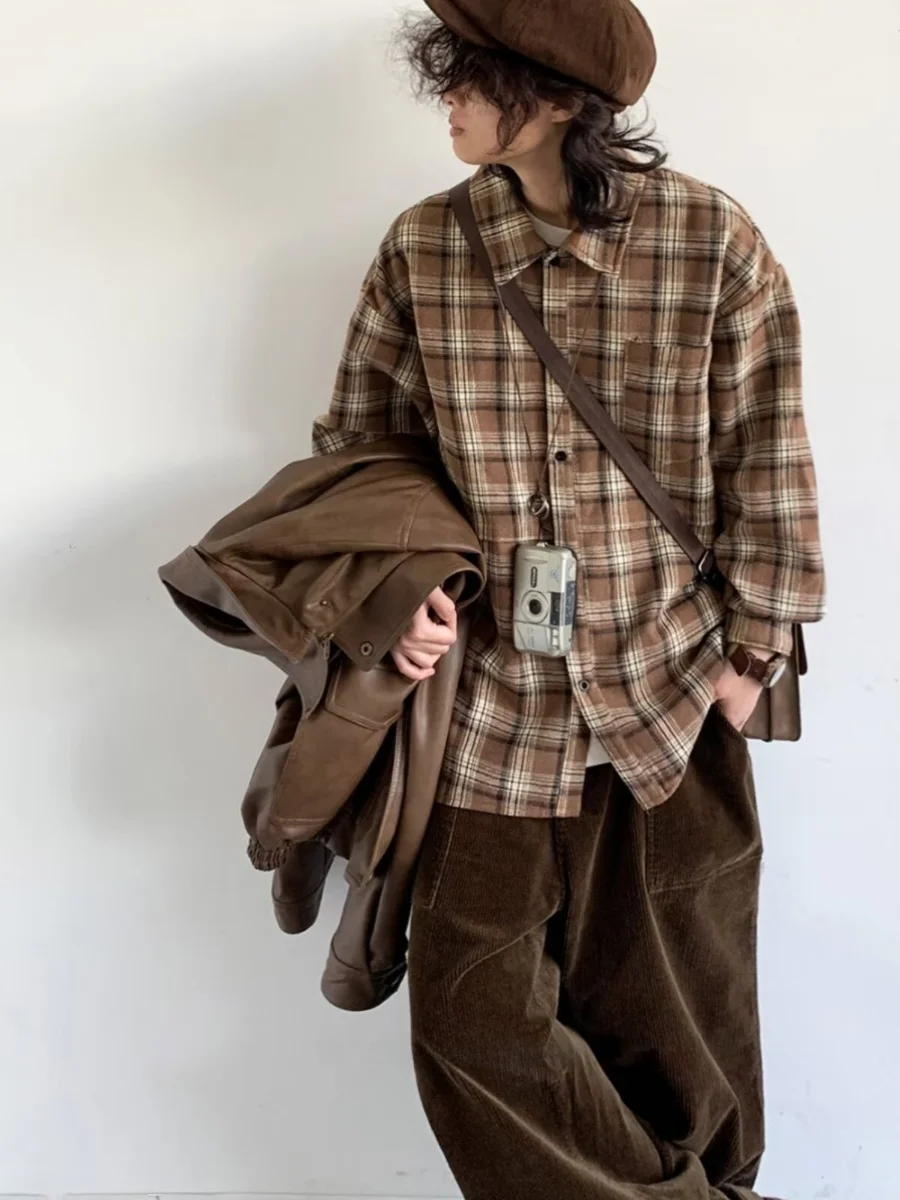 

Thiened Woolen Plaid irt Long Sve Casual Sle y Retro Japanese Sle Men Women College Sle Outerwear Coat