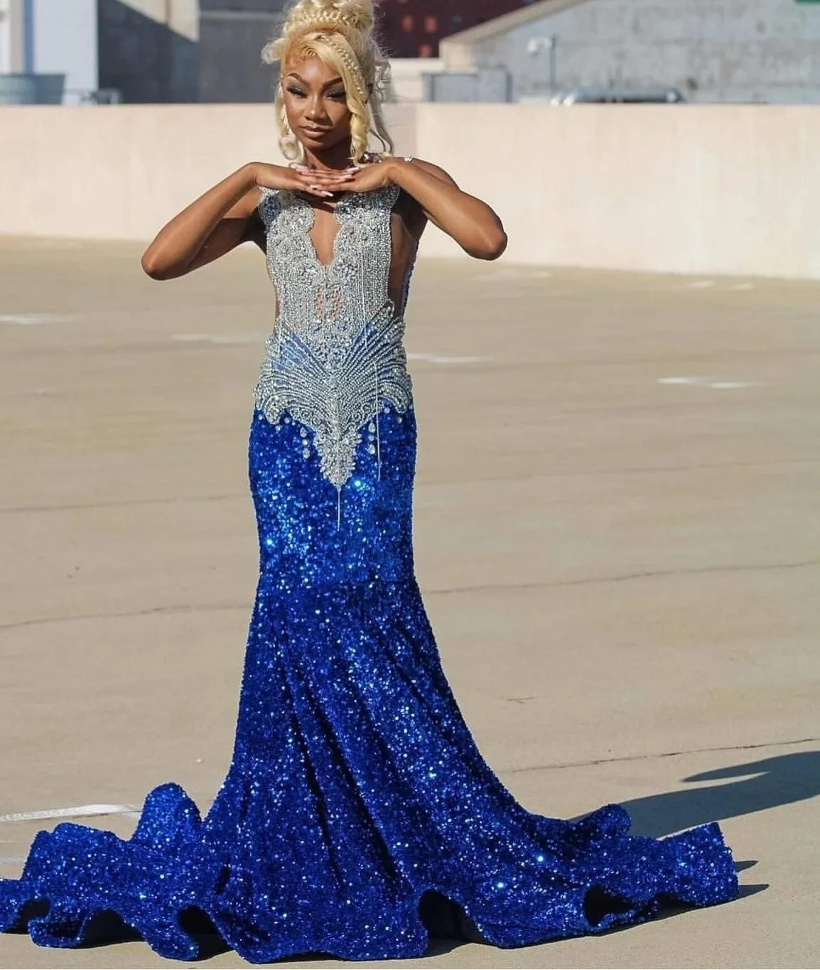 Royal Blue African American Long Prom Dresses For Black Girls Mermaid Sequins Crystals Women Elegant Evening Gown Customized