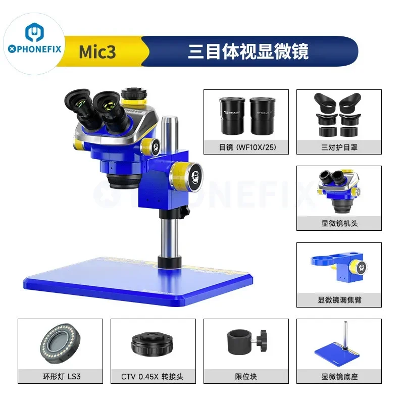 MECHANIC Mic3-B11 7X-50X Trinocular Stereo Microscope Simul-focus Continuous Zoom Microscope for Motherboard PCB Welding Repair