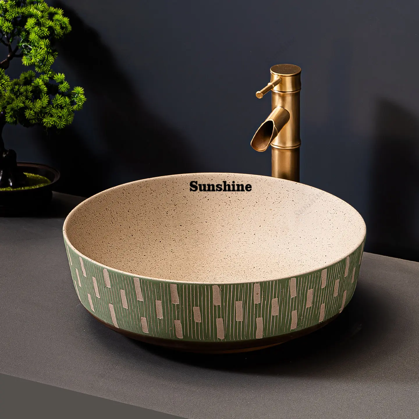 Ceramic round table basin, green striped wash basin, bathroom wash basin