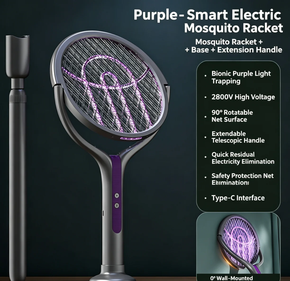 Rotatable‑Head Rechargeable Electric Fly Swatter, Indoor Bug Zapper Racket for Killing Mosquitoes & Flies, Equipped with Telesco