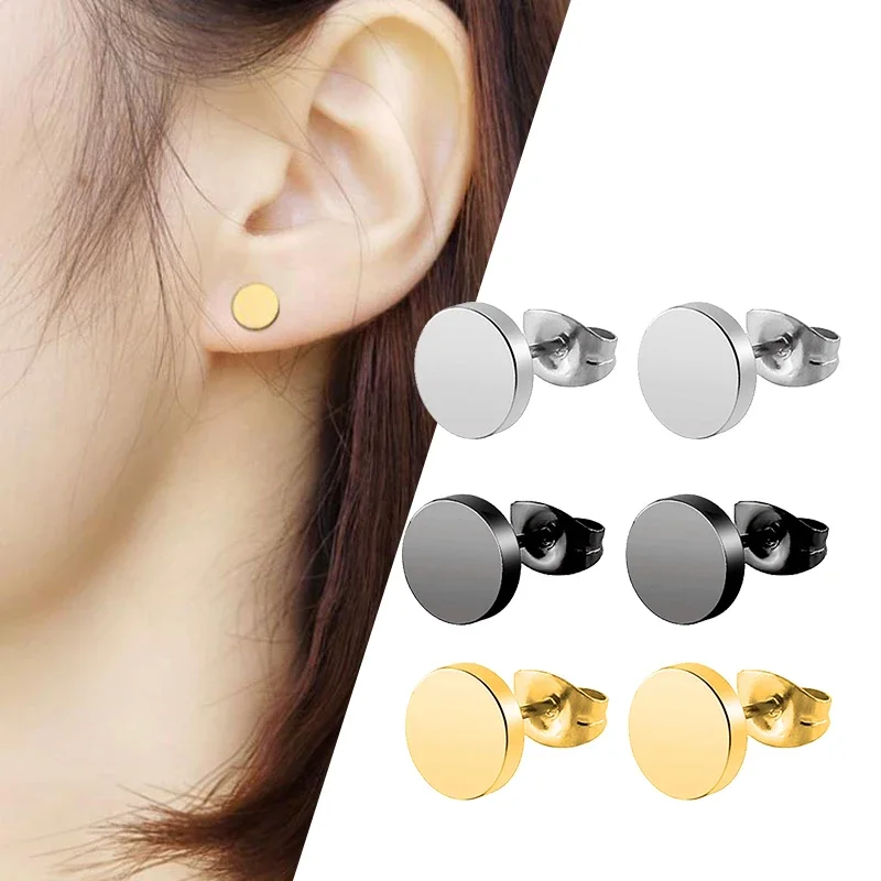 1Pair Stainless Steel Round Black Ear Studs Men Punk Stud Earring for Men Push Back Stud Earring for Women Men Jewelry Gift