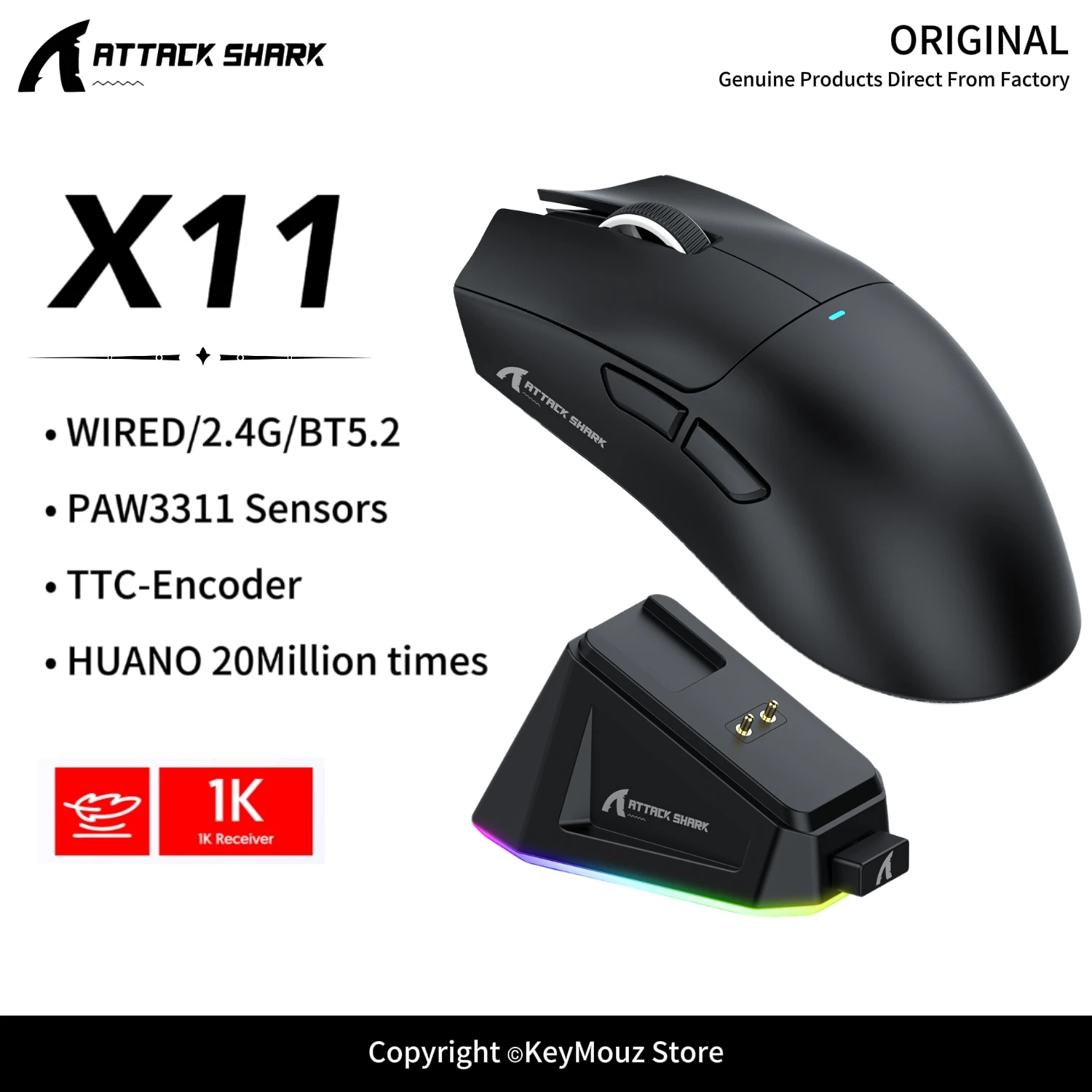 ATTACK SHARK X11 Tri-Mode Wireless Mouse Ergonomic Design Magnetic RGB Charging Base Type-C Lightweight Mouse
