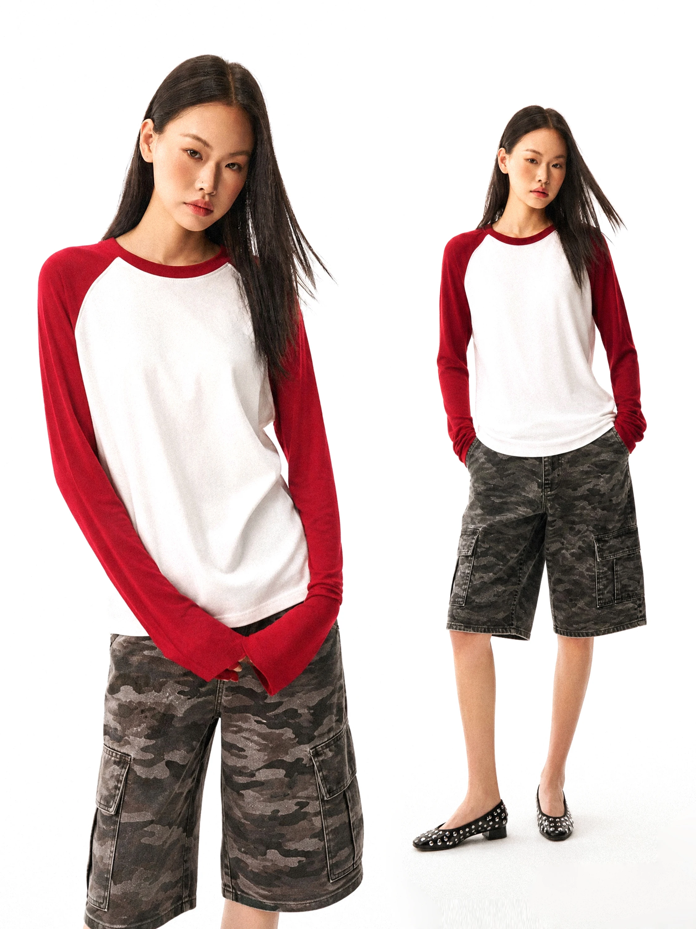 GOGO BURN Color Block Long Sleeve round Neck T-Shirt Women's Slim Fit Casual Style Fashionable Versatile Basic Short Length