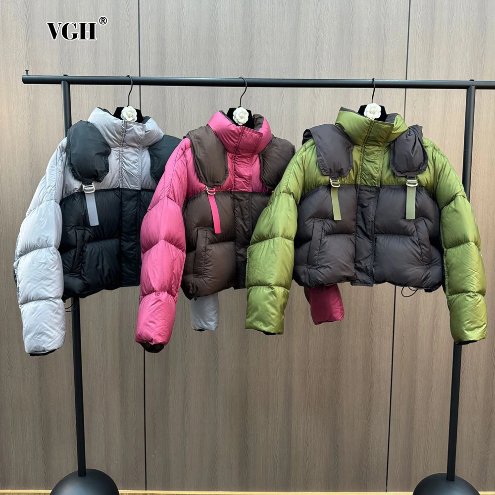 

VGH Casual Hit Color Down Jacket For Women Stand Collar Long Sleeve Spliced Pockets Lace Up Design Hooded Coat Female New Winter