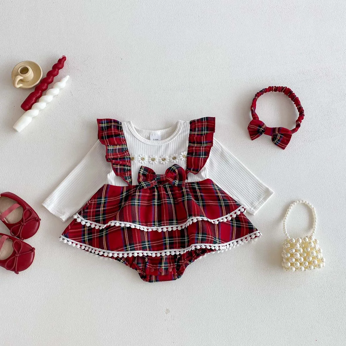 Girls' Long Sleeved Dress Autumn and Winter Children's Christmas Style Checkered Fake Two-piece Shoulder Fart Baby Jumpsuit