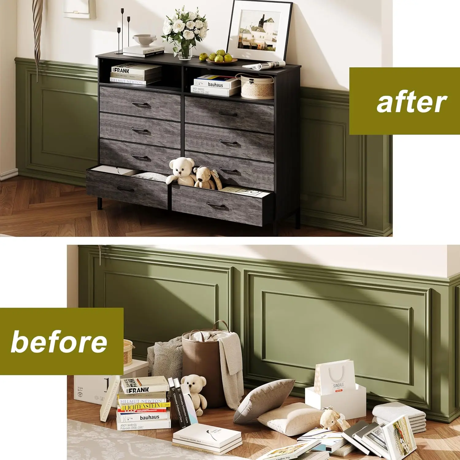 Cômoda para quarto LED com estação de carregamento, alta com 8 cômoda de tecido, para crianças Roo