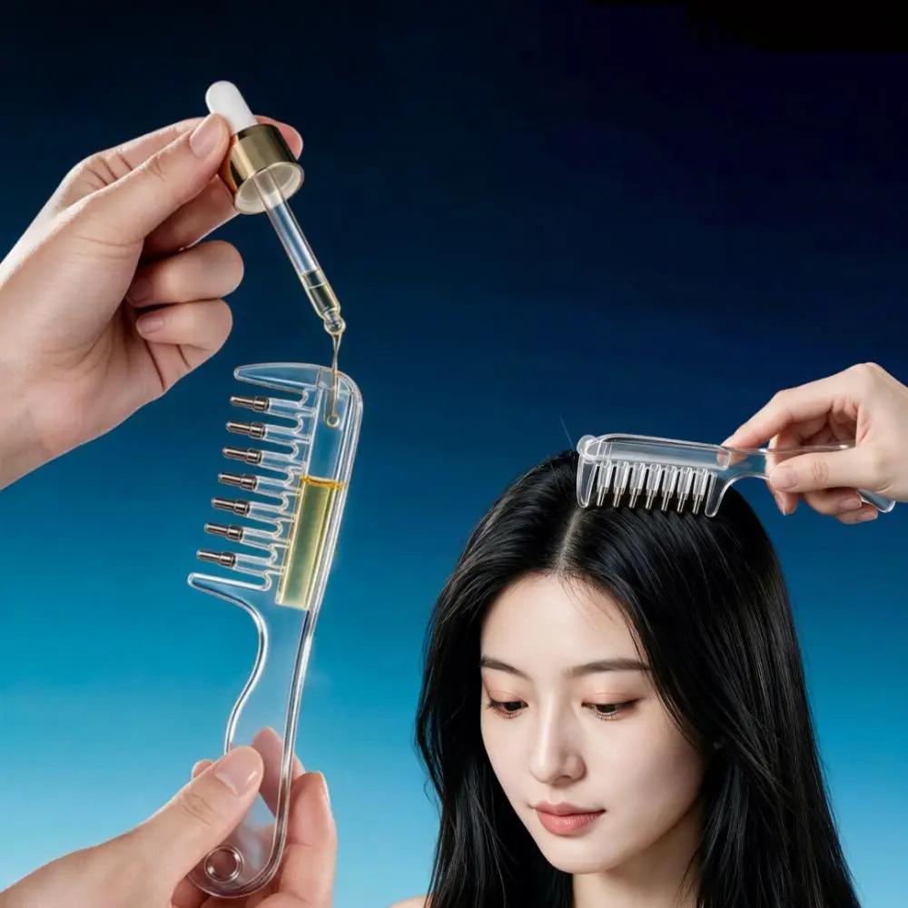 7-Tooth Essential Oil Applicator Massage Comb Rolling Metal Teeth Transparent Scalp Liquid Applicator Comb Precise