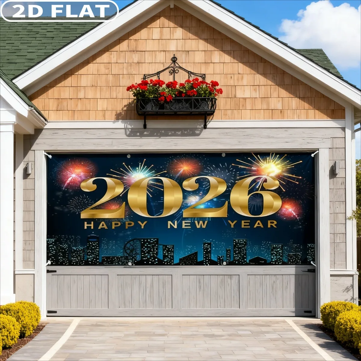 

1pc 6x13ft New Year 2026 Garage Door Decor Golden Classical Clock Champagne Glasses Sparkling Garage Door Cover