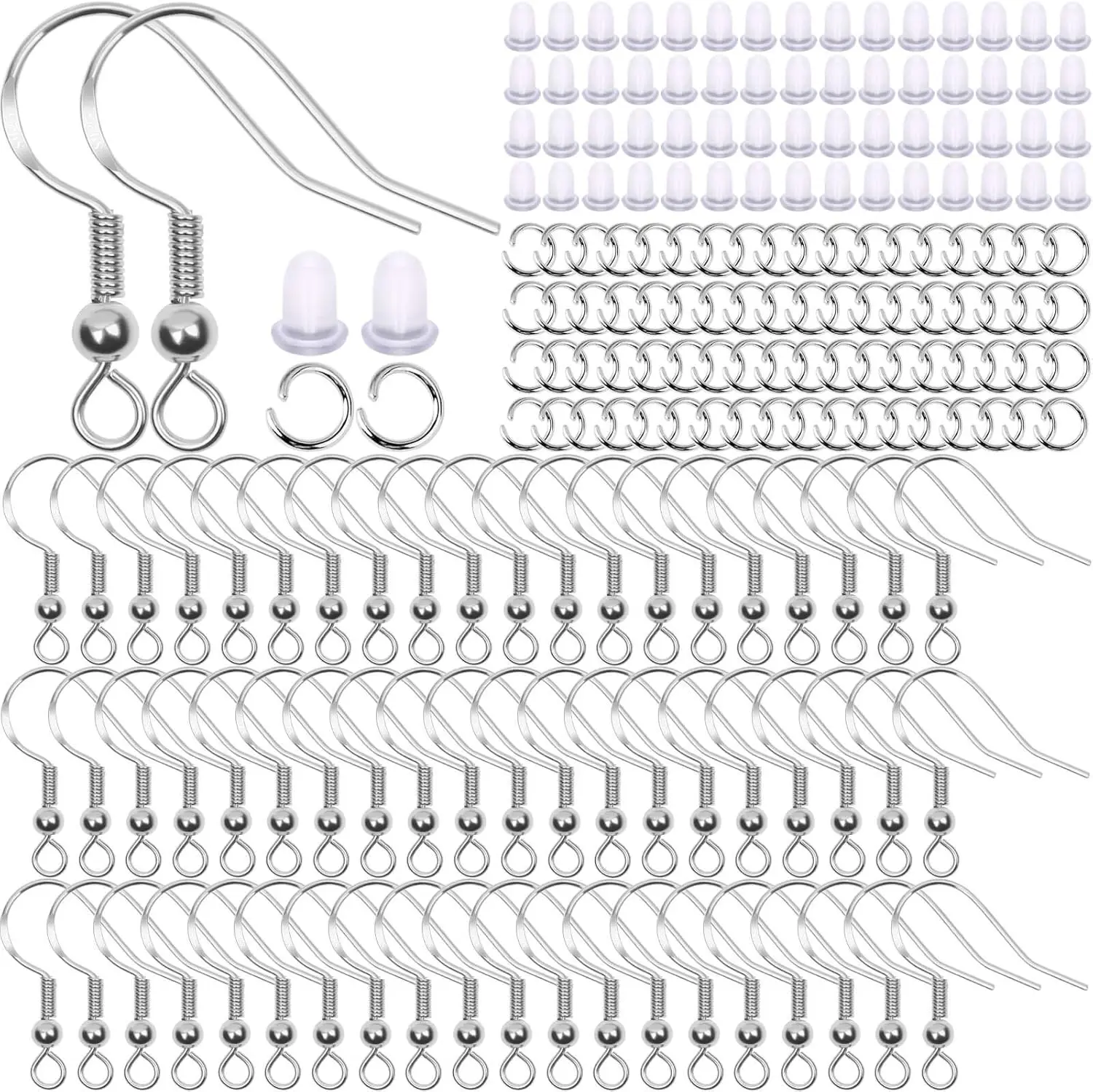 

600Pcs Earring Making Kit with Hypoallergenic Hooks, Jump Rings, & Rubber Backs (Silver)