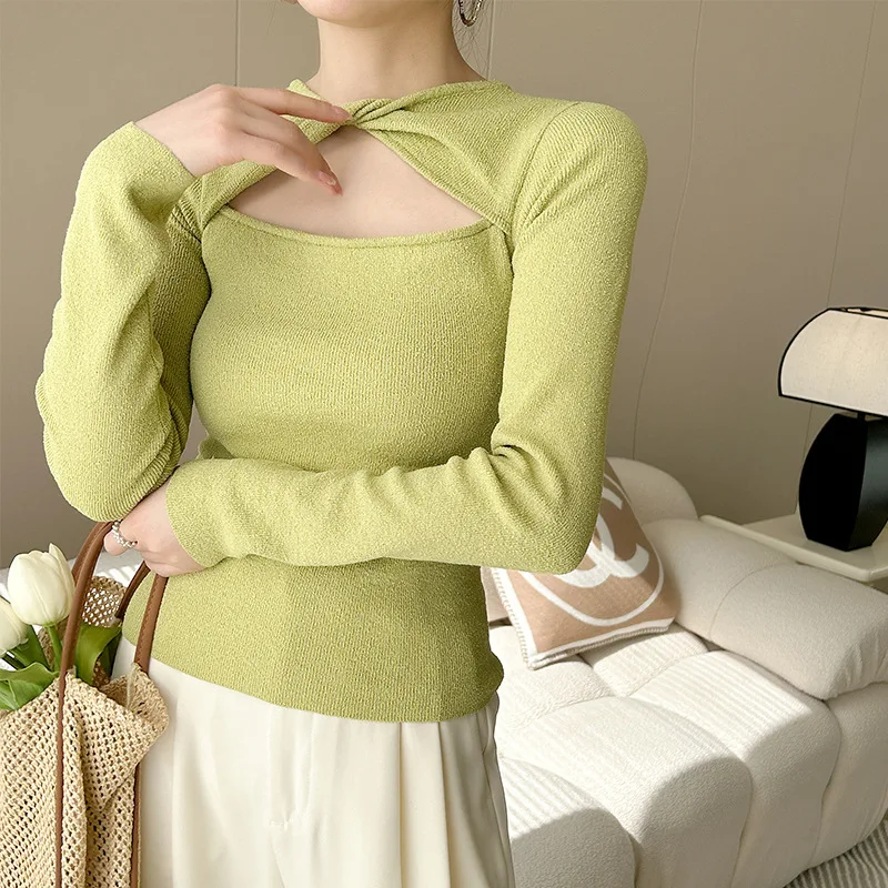 Spring New Sexy V-neck Kink Design Knitwear Tops Female Hollow Long-sleeved Slim Knitted Bottom Sweater