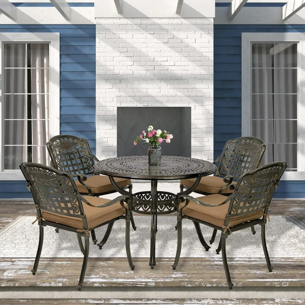 Outdoor Furniture Dining Set, Cast Aluminum Round Patio Table With Umbrella Hole And 4 Cushioned Dining Chairs，patio Furniture