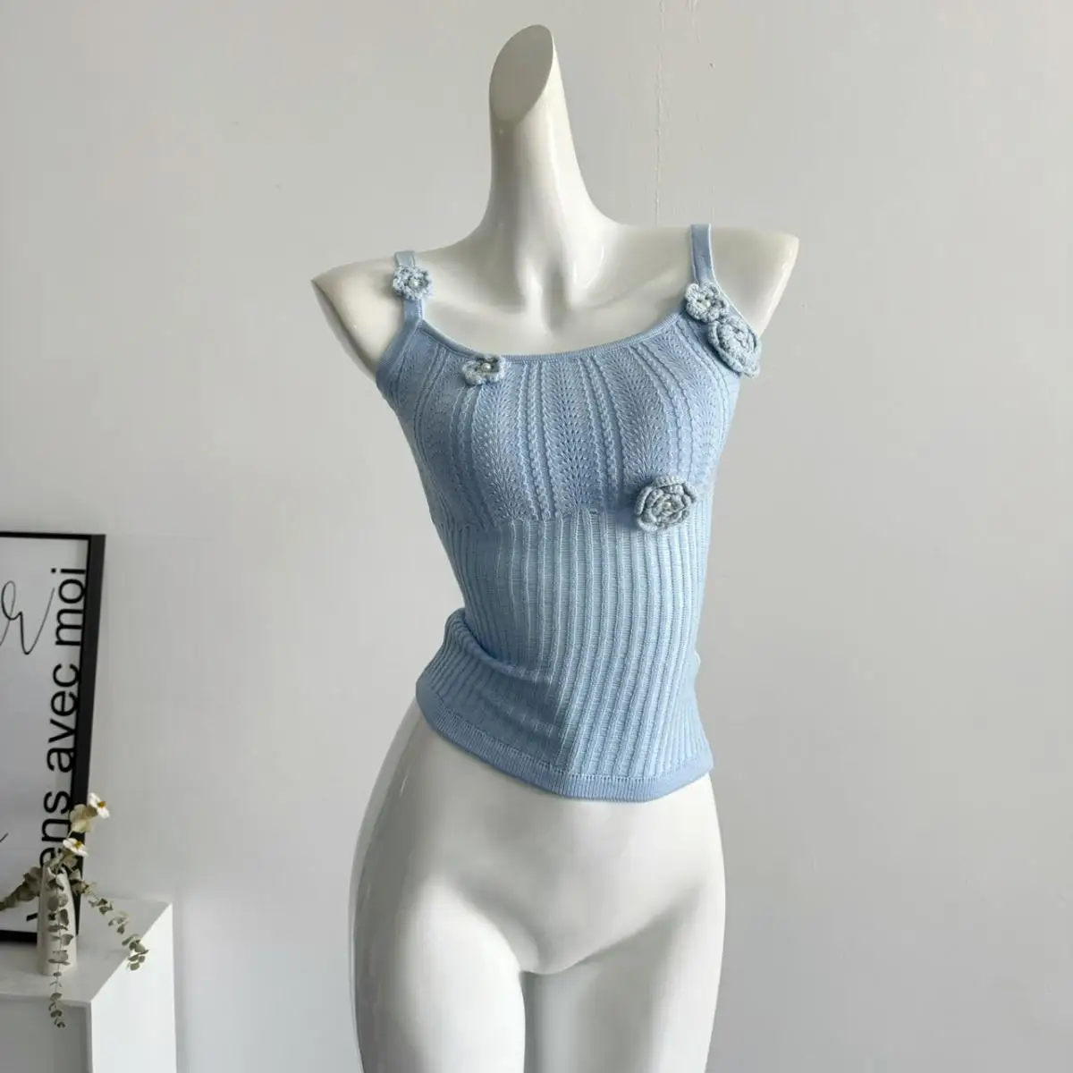

Three Dimensional Flower Hollow Out Sleeveless Knitted Small Suspender Summer Thin Cut Slimming Inner Top for Women
